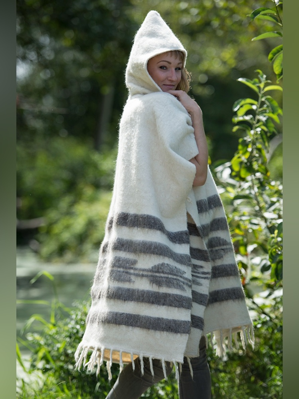 Cozy Hooded Striped Poncho in Ivory and Gray 100% Wool